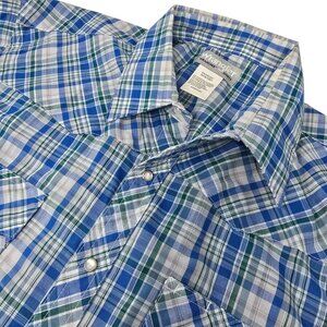 Wrangler‎ Mens Blue Green Plaid Short Sleeve Western Shirt 2X Snap Pearl Buttons
